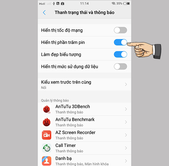 Bước 2: Bật Hiển thị phần trăm pin